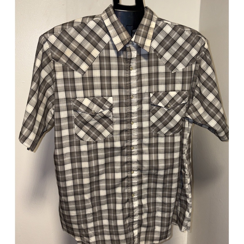Express Rider Men Western Shirt Size L Sh. Sleeve Gray White Plaid.Pearl Snaps